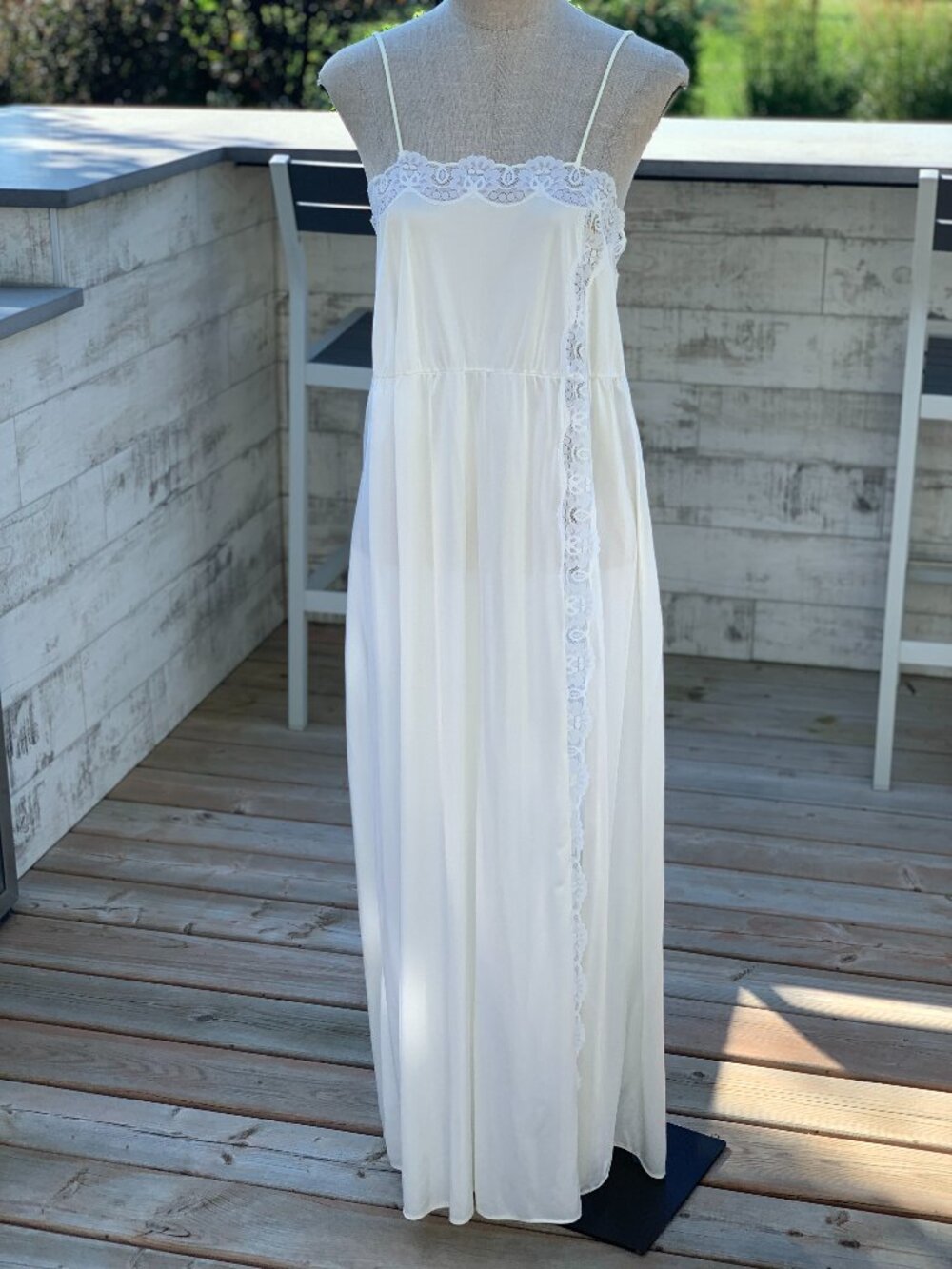 Vintage Maxi Slip Dress M/L Cream Sheer Lace Side Slit Romantic Cottagecore Boho